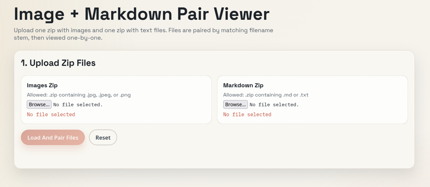 Upload interface showing two file upload sections for images and markdown files