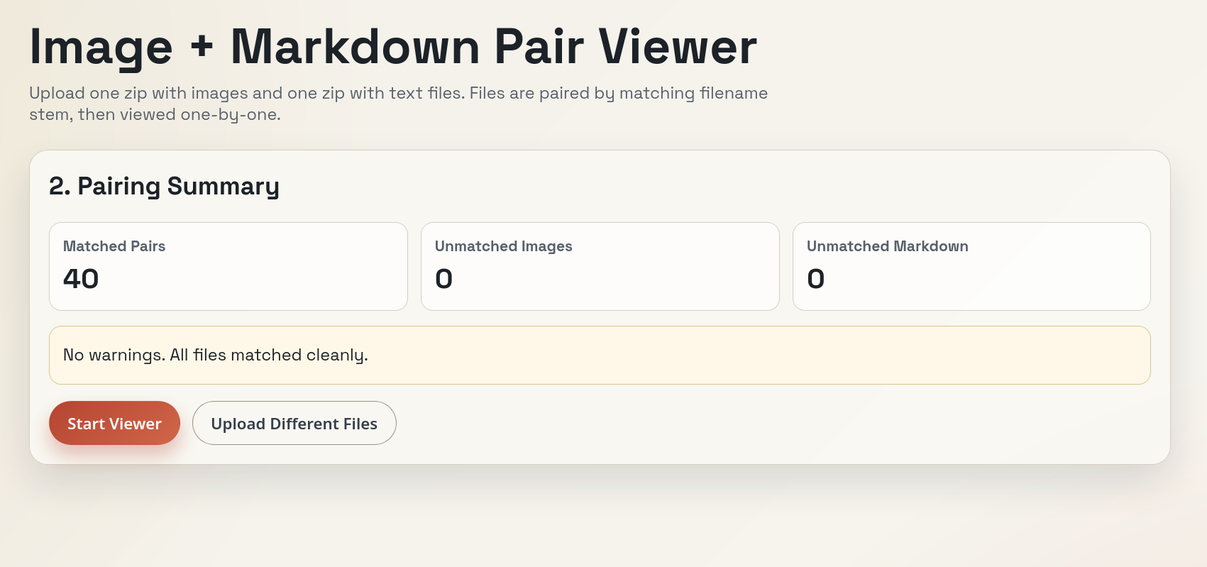 Pairing summary showing 40 matched pairs, 0 unmatched images, and 0 unmatched markdown files