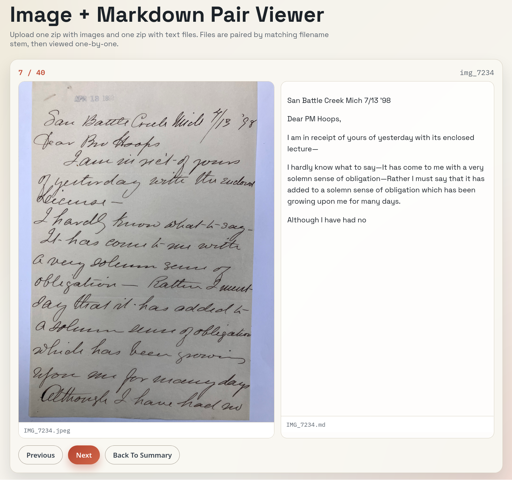 Side-by-side viewer showing a handwritten historical document on the left and its OCR transcription on the right