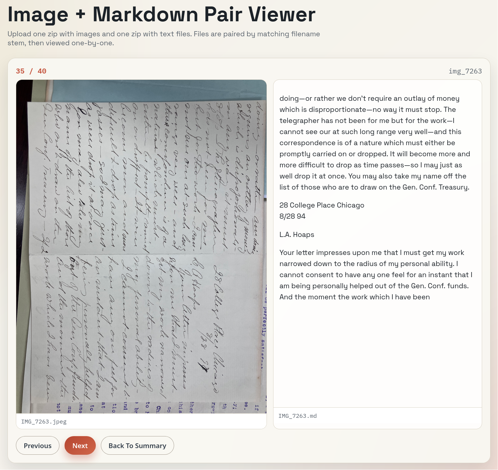 Another document pair showing handwritten text on the left and corrected transcription on the right